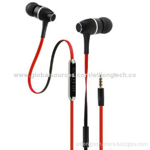 Long flat wired metal earphone with volume control, fashionable and durable